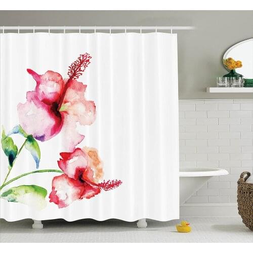 Watercolor Flower Shower Curtain Hibiscus Flowers On Plain in Pastel Colors Nature Home Decor Waterproof Curtains Home Decor