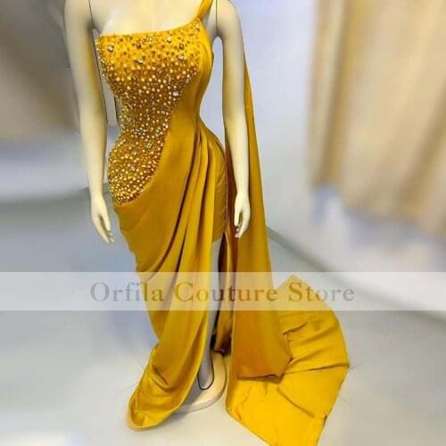 Yellow Satin Beads Islamic Evening Gowns Mermaid One Shoulder 2021 Arabic Formal Prom Occasion Gowns