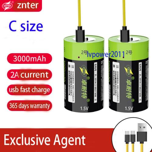 ZNTER 1.5V 3000mAh Rechargeable C Size 4500mwh Li-Po usb Battery