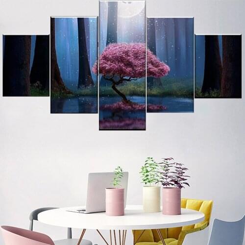 5 Pieces Wall Art Canvas Painting Pink Moonlight Flower Poster Forest Home Decoration Pictures Modern Living Room Frame Modular
