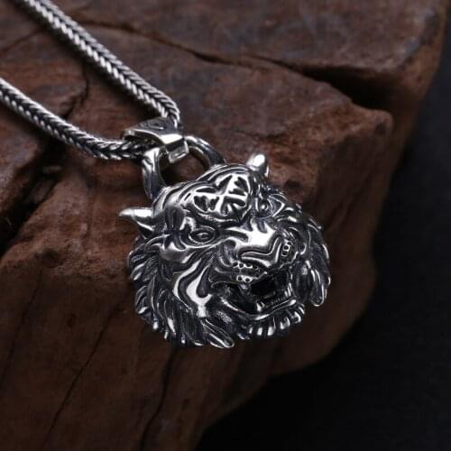 925 Sterling Silver Jewelry Men And Women Personality Tiger Head Pendant Thai Silver Retro Exaggerated Tiger Necklace Pendant