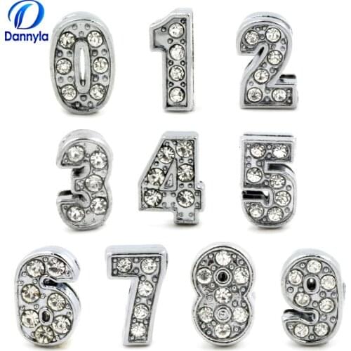 10pcs/lot 8mm Silver Color Full Rhinestones Slide Number Fit 8mm Diy Wristband Bracelet Jewelry LSSL019