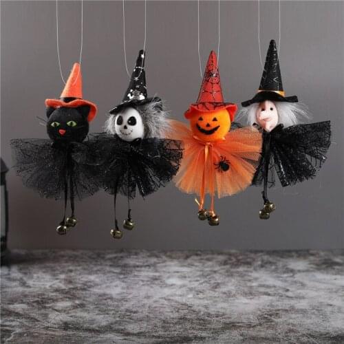 Halloween Decor Hanging Ornaments Scaring Pumpkin Witch Black Cat Skeleton Bells Drop Decoration Dolls Gift For Kids Children