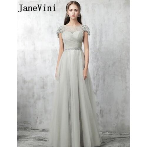 JaneVini 2018 Light Gray Beading Pearls Long Bridesmaid Dresses Sexy Illusion Tulle Sheer Neck Floor Length Wedding Party Gowns