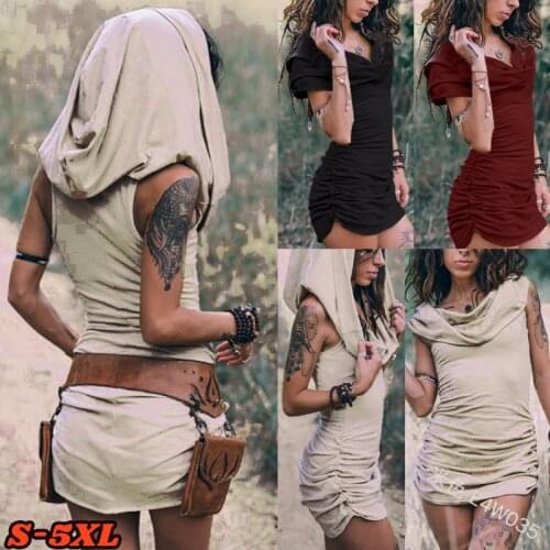 Halloween Costumes for Women Cosplay Medieval Huntress Assassin Womens Dress Solid Color Hooded Sexy Bag Hip Sleeveless Dress