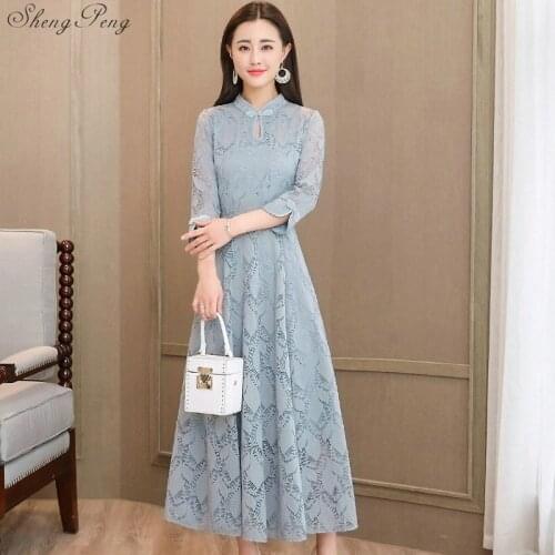 Lace Slim Qipao Long Chinese Evening Dress Elegant Women Wedding Party Dresses Summer Cheongsam Vintage Q315