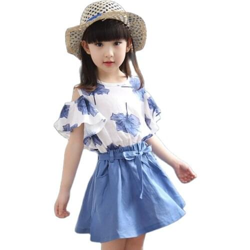 Summer Children Girls Dress Sets Maple Leaves New Kids Printing Leaf Off Shoulder Tops Short Skirt Teenager Girls Dress 2Pcs