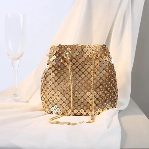 Bee In Fly Fashion Luxury Crystal Sequins Women Bucket Purses Evening Clutch Bags Copper Chains Shoulder Handbags Womens Bag