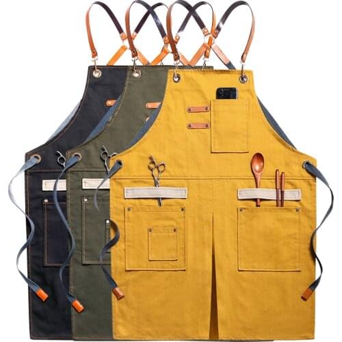 Solid Canvas Master Apron For Kitchen Accessories Pocket Coffee Pinafore Home Cleaning Baking Cooking Work Apron For Hairdresser