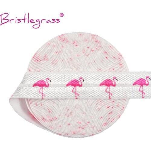 BRISTLEGRASS Wholesale 50 Yard 5/8" 15mm Flamingo Print FOE Fold Over Elastic Spandex Satin Band Headband Tutu Dress Sewing Trim