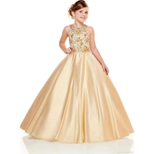 2021 New Princess Flower Girls Dresses Sleeveless Halter Lace Appliques Beaded Sleeveless Satin Hollow Back Floor Length Girls P