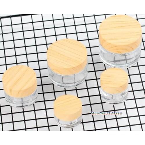 Clear Glass Bottles Cream Jars with Wood Texture Lid, Empty Cosmetic Comtainers, transparent glass Case 100pcs/lot