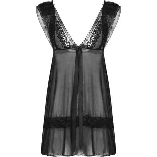 Sexy Men Sissy Dress Deep V Neck Lingerie Ruffle Lace Shoulder Straps See-through Sheer Mesh Babydoll Erotic Nightwear Sleepwear