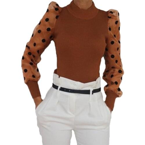 Sexy Women Elegant Contrast Mesh Patchwork Sleeve Puff Sleeve Blouses Ladies Solid Dot Print Long Sleeve Shirts