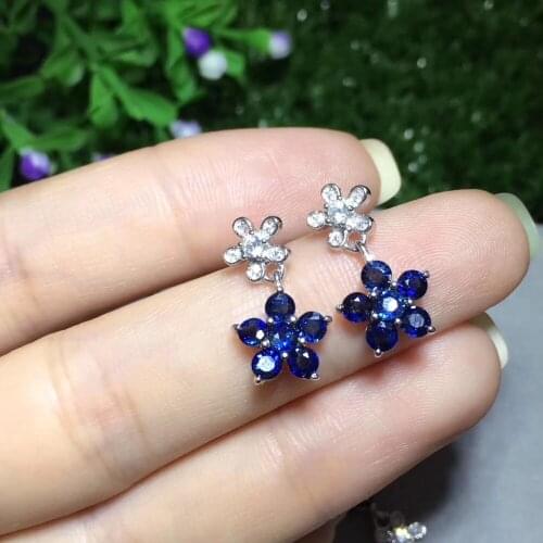 Natural blue sapphire gem drop earrings Natural gemstone Fashion elegant Flowers earrings S925 silver female wedding jewelry