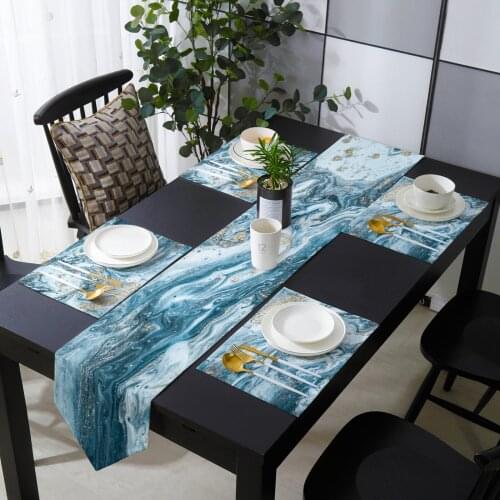 Marble Texture Blue Table Runner Holiday Kitchen Dining Table Runners Place Mats Set for Home Party Decor