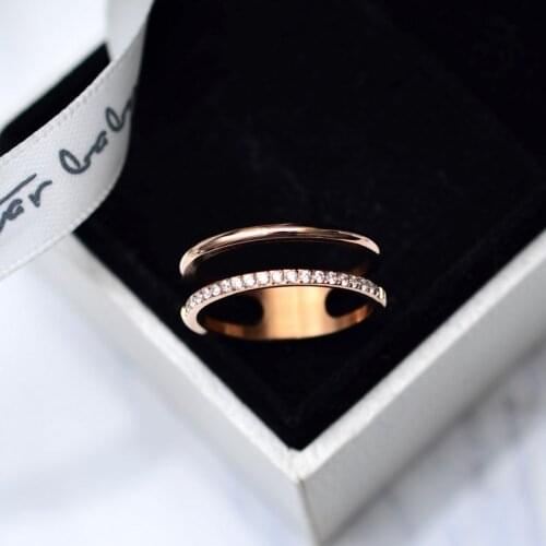 YUN RUO 2018 New Arrival Double Layers Zircon Ring Rose Gold Color Woman Gift Party Titanium Steel Jewelry Top Quality Not Fade