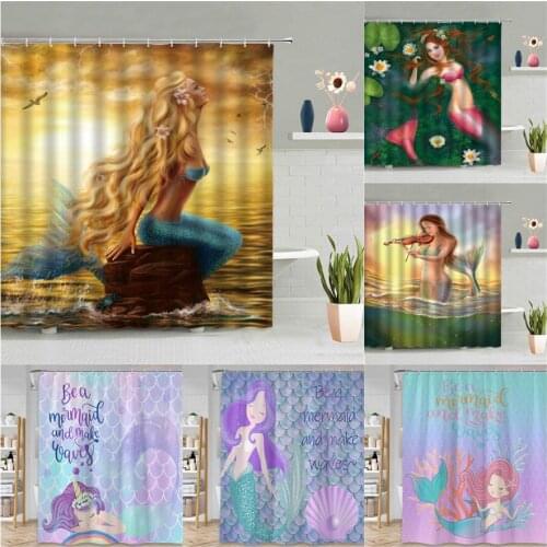 Cartoon Mermaid Shower Curtain Sexy Girl Ocean Sunset Scenery Printed Child Curtains Waterproof Fabric Screen Bathroom Decor Set