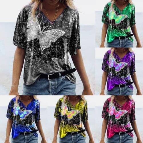 New Summer Fashion Short Sleeve Womens T-shirt V-neck Butterfly Print Tops Tee Loose Casual Plus Size Blouse