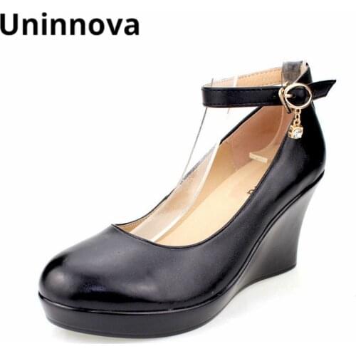 Women Wedge Heels Super High Genuine Leather Shallow Office Lady Platform Court Shoes Crystal Black Small Size 32-41 WP107