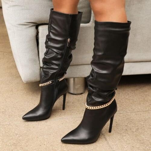 Ladies Calf High Long Boots Shoes Pointy Toe Thin High Heel Black Chain Womens Knee High Boots New Fashion Big Size 43