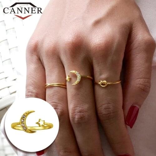 CANNER 100% Real 925 Sterling Silver Fashion Zircon Ring Jewelry Open Star Moon Finger Rings for Women Girls Birthday Gift