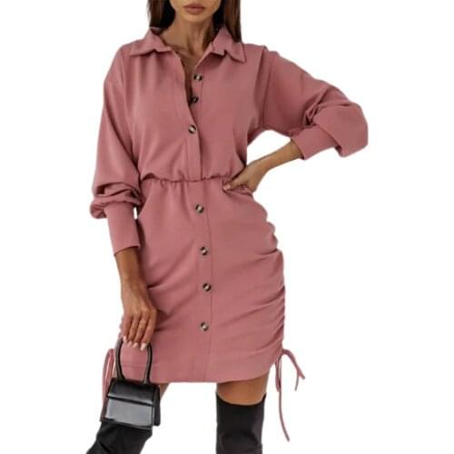 Ladies Mini Dress Set Turn-down Collar High Waist Drawstring Outfits Comfy Solid Color Single-breasted Bodycon Shirt Dresses