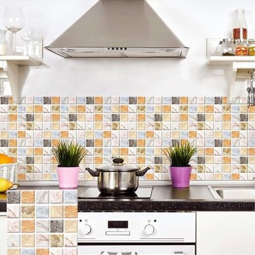 10Pcs 3D Self Adhesive Mosaic Tile Wall Sticker Mosaic Wall Decal Sticker DIY Kitchen Bathroom Home Decor Waterproof Oil Proof