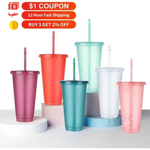 480/700ML Flash Powder Water Bottle With Straws Lid Plastic Reusable Personalized Drinkware Coffee Drinking Cup Outdoor Portable