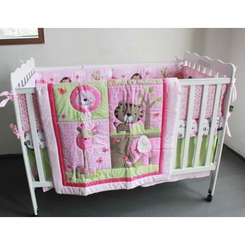 7PCS embroidery Crib Baby Bedding Set Cotton Quilt Bumper бортики в кроватку (4bumper+duvet+bed cover+bed skirt)
