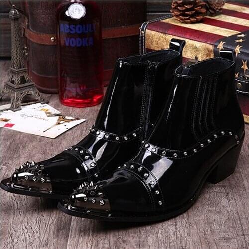 Christia Bella Fashion Metal Rivet Pointed Toe Man Large Size Heighten Short Boots Male Black Genuine Leather Party Ankle Boots