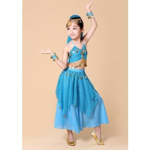 Kids India Dance Clothes Children Belly Dance 4pcs/Set (Top+Skirt+Bracelet+Headdress) Belly Dance Bollywood Performance Costumes