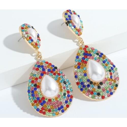 Dvacaman New Luxury Colorful Rhinestone Pearl Dangle Earrings for Women Trendy Large Water Drop Earrings Crystal Jewelry Wedding