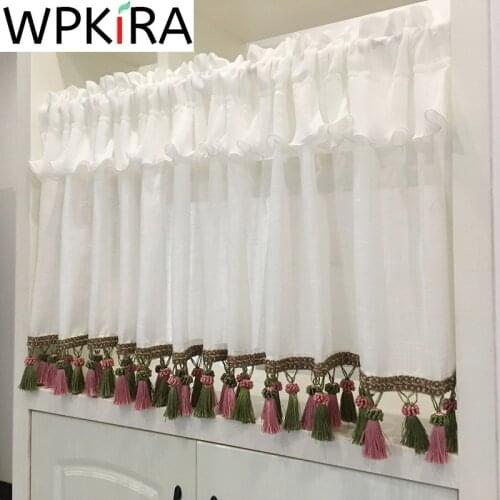 American Coffee Short Curtain Tulle Tassel Valance Sheer Voile Bay Window Half Curtain For Kitchen Cabinet Door Drapes QT033D3