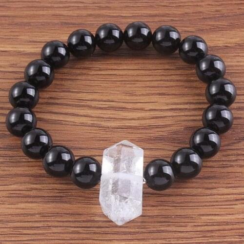 Kraft-beads Trendy 10 mm Black Agates Round Beads Connect Rock Crystal Stretchy Bracelet For Gift