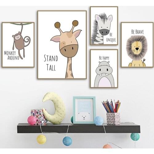 Cute Giraffe Monkey Lion Canvas Painting Cartoon Animal Print Posters Children Room Kindergarten Wall Art Decoration Pictures