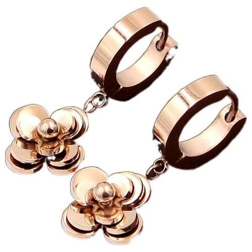 Fashion Three-dimensional Flower Rose Gold Color Titanium Stainless Drop Earrings