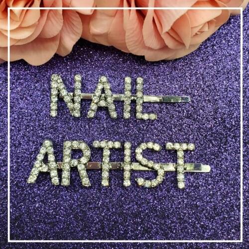 NEW ARRIVAL 2pcs/set Words Hair Pins Accessories Crystal Hair Clips Set "NAIL ARTIST" Words Hairslide Barrette Bobby Pins