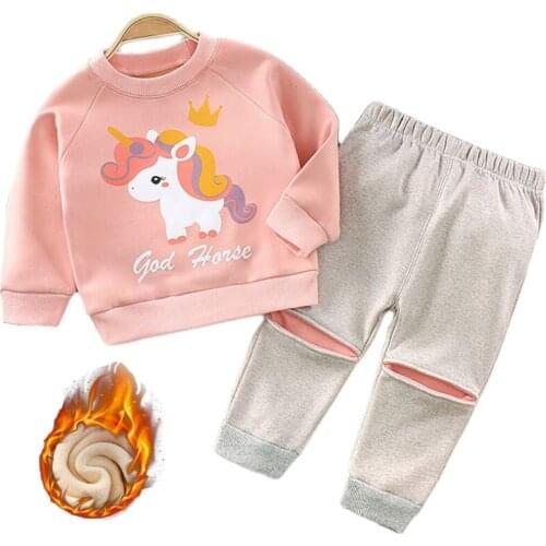 Autumn Winter Children Boy Girl Suit Clothing 2021 New Cute Cartoon Plus velvet Keep warm Cotton Pullover Top Long Pant Kids Set