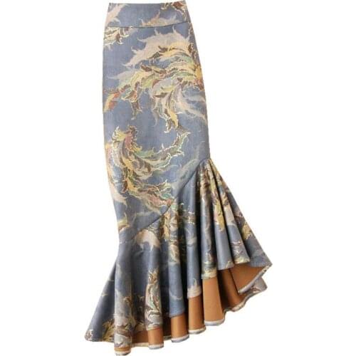 Retro hot gold fishtail skirt women autumn winter high waist suede skirt printed package hip trumpet skirt plus size 4XL