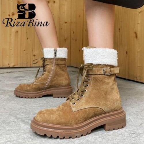 RIZABINA Women Ankle Snow Boots Plush Fur Round Toe Cross Strap Zipper Shoes Winter Boots Women Party Footwear Size 34-40