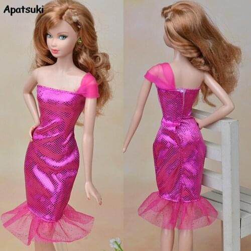 PINK Off Shoulder Evening Party Dress Clothes for Barbie Dolls One-Piece Outfits Silm Dresses for 1/6 BJD Doll Lace Clothes Toys