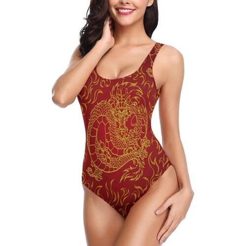 Women One -Piece Bathing Suits Sexy Padded Sporty Swimsuits Teen Girls Chinese Dragon Fire Animal