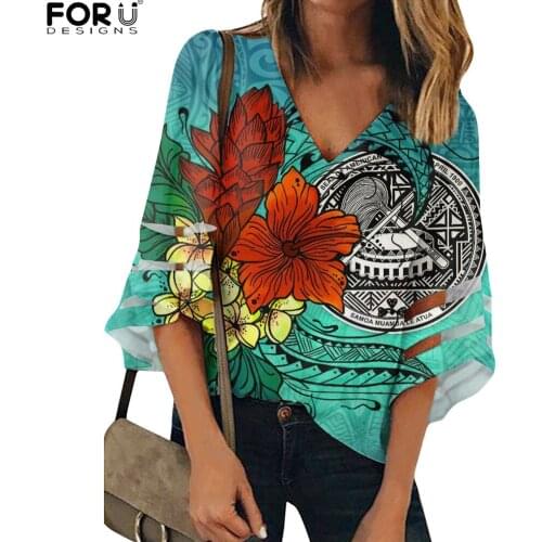 FORUDESIGNS Women Casual Office Shirts American Samoan Tropical Flowers Patterns Sexy Breathable Summer Fashion Blusas Girls Top
