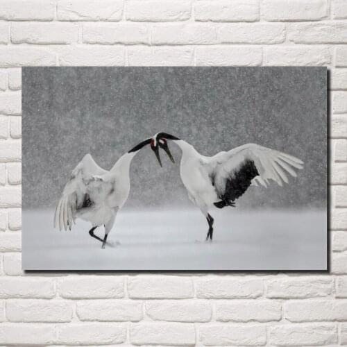 Crane bird dance winter snow Hokkaido beautiful nature living room home wall art decor wood frame fabric poster DW105