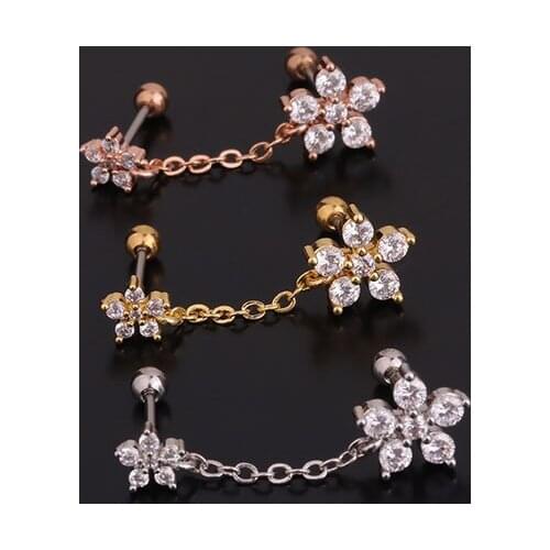 1 PCS Cute Sweet Small Zircon Flower Shape Earring with Chain Trendy Double Ball Ears Cartilage Piercing Stud Cuff Jewelry