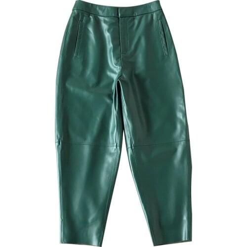 2020 Autumn New Women High Quality Genuine Leather Ankle- Length Pants Female Casual Luxury Trouse 5 Color Plus Size