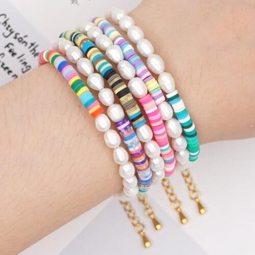 5PCS, Women Jewelry Polymer Clay Summer Beach Freshwater Baroque Pearl Bracelet Color Beads Bracelets For Girl Gifts