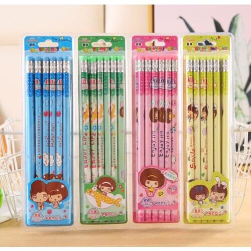 New 72pcs Kawaii Wooden Cute Cartoon Enjoy Life Pencils for School Office Supplies Kawaii Pencils with Erasers Stationary Gift