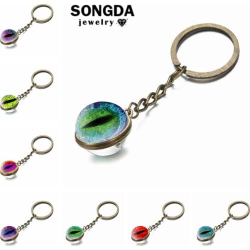 SONGDA Dragon Eye Blue Keychain Accessories Charms Glass Cabochon Beads Pendant Key Ring Creative Couple Gift Bag Purse Jewelry